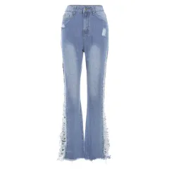 Fashion Ripped Casual Pants Bag Hip Contrast Frosted Bootcut Jeans - Blue - View 1