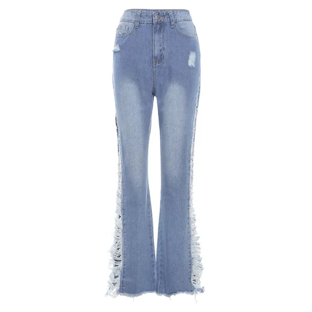 Fashion Ripped Casual Pants Bag Hip Contrast Frosted Bootcut Jeans Blue - Shop at LoveMi
