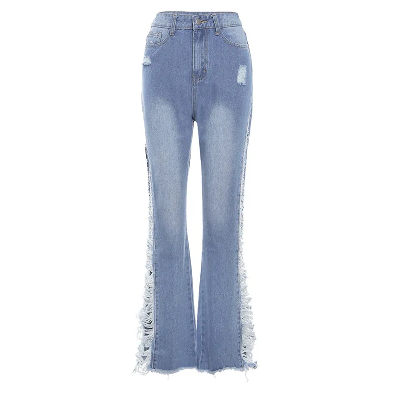 Fashion Ripped Casual Pants Bag Hip Contrast Frosted Bootcut Jeans - Blue