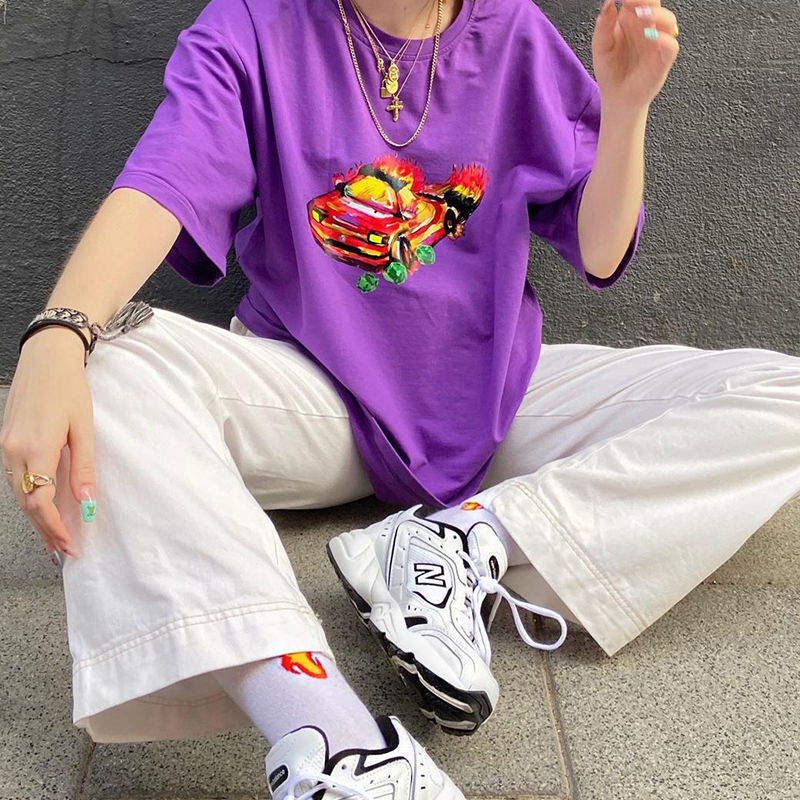 Hand-Painted Fun Car Pattern Purple T-Shirt Women'S Short-Sleeved Loose Cotton