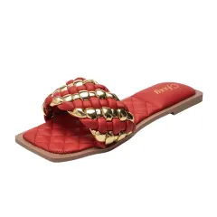 Female Slides Slippers Flat Heel Sandals Phnom Penh Woven Slippers Female - Red - View 1