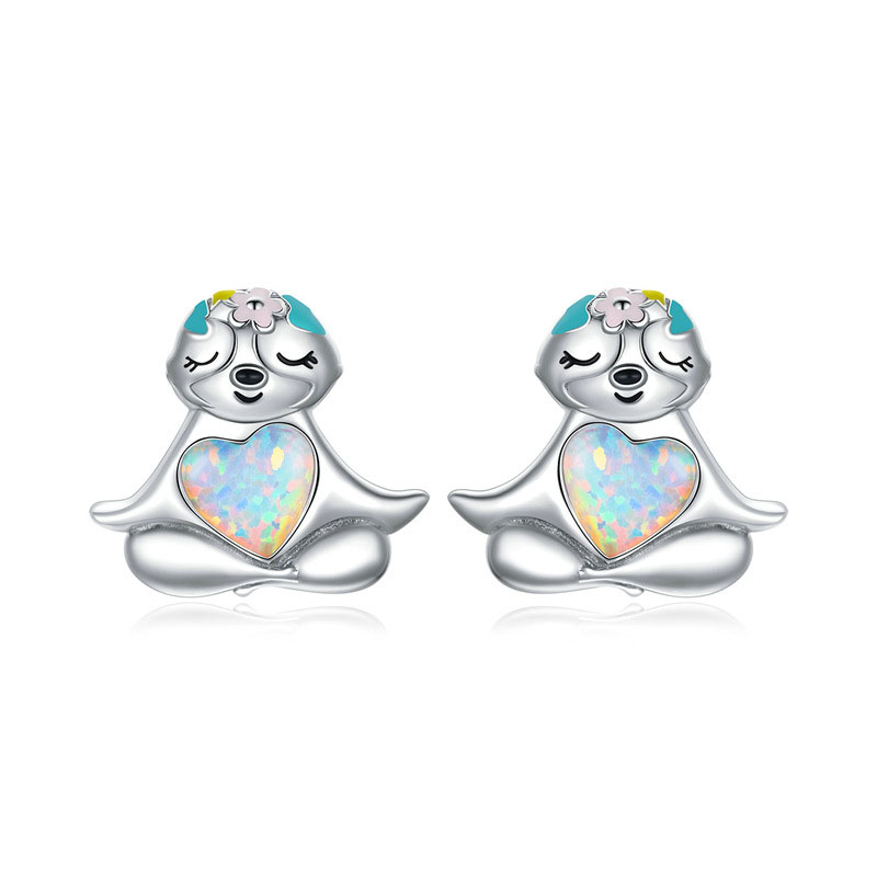 Yinziyun Original Blue Opal Sloth Earrings Cute Animal Dripping Oil S925 Silver Whole Body Earrings Silver - Shop at LoveMi
