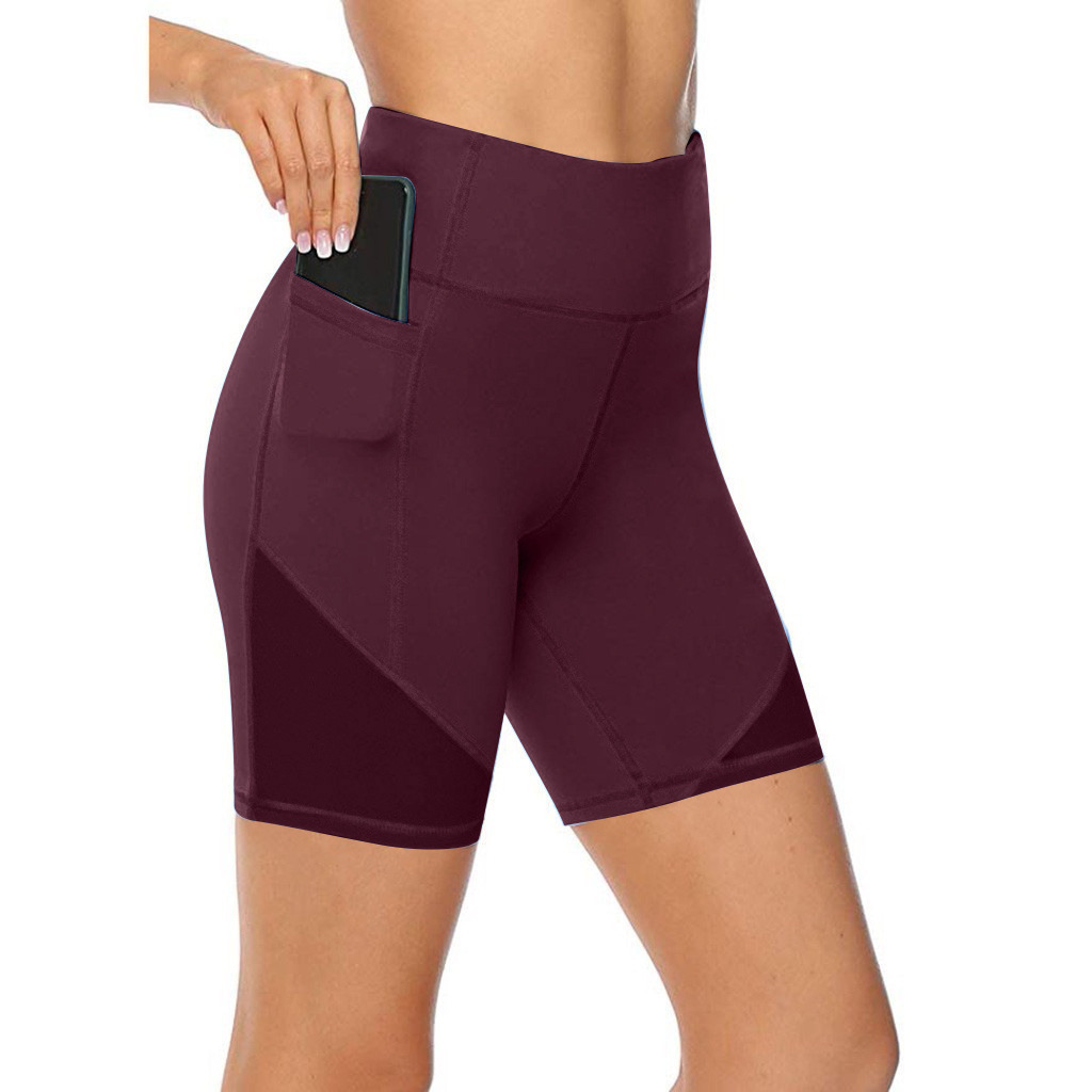 Pure Color Loose Thin Mesh Stitching Casual Yoga Shorts Wine - Shop at LoveMi