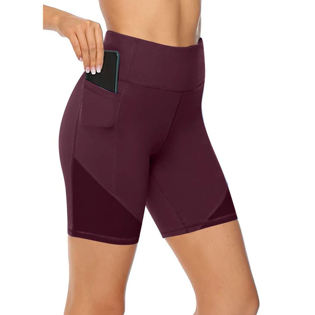 Pure Color Loose Thin Mesh Stitching Casual Yoga Shorts - Wine