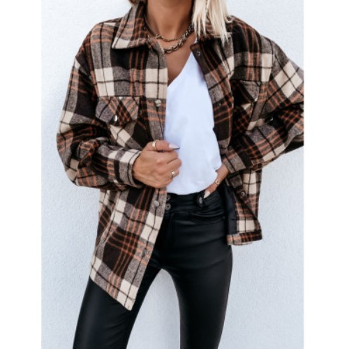 Autumn And Winter Long Sleeved Button Lapel Casual Warm Plaid Long Woolen Coat Brown - Shop at LoveMi