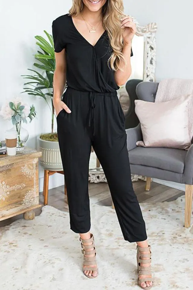 Lace up V neck Short sleeved Slim Women's Jumpsuit Black - Shop at LoveMi