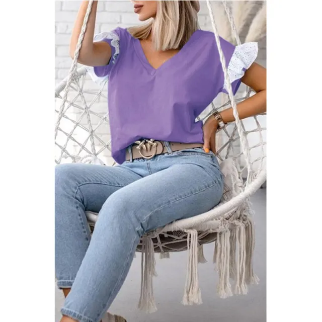Women's V neck Solid Color Short sleeved Shirt Purple - Shop at LoveMi