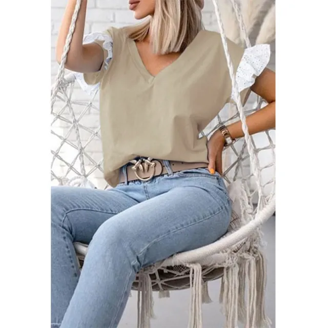 Women's V neck Solid Color Short sleeved Shirt Khaki - Shop at LoveMi