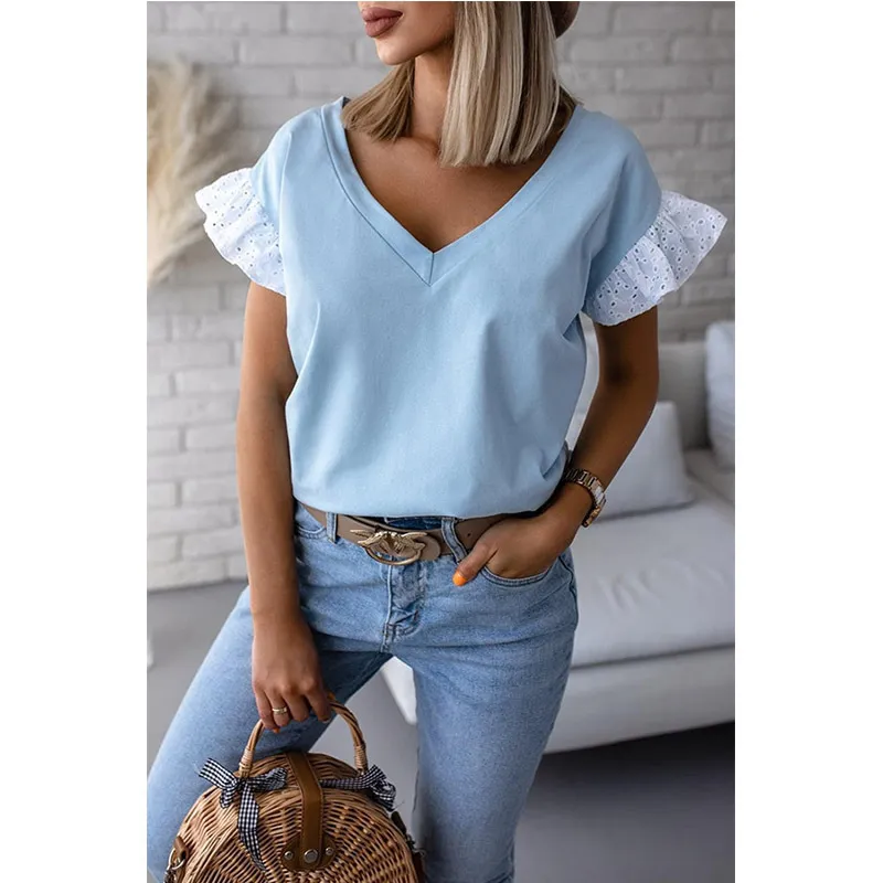 Women's V-neck Solid Color Short-sleeved Shirt - Blue
