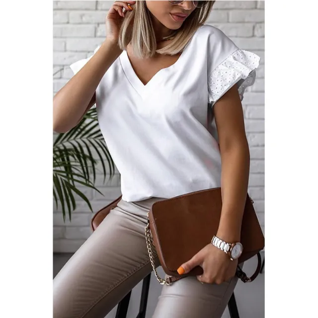 Women's V neck Solid Color Short sleeved Shirt White - Shop at LoveMi