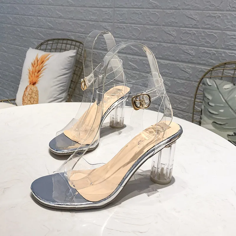 One-word Buckle High-heel Chunky Sandals - Silver