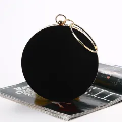 Velvet Oblate Round Banquet Bag - Black - View 1