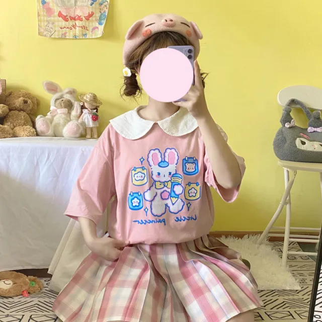 Japanese printed white short sleeved T shirt women Claw machine Pink - Shop at LoveMi