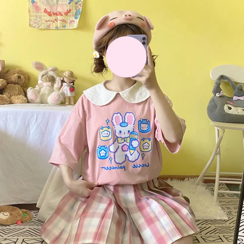 Japanese printed white short-sleeved T-shirt women Claw machine - Pink