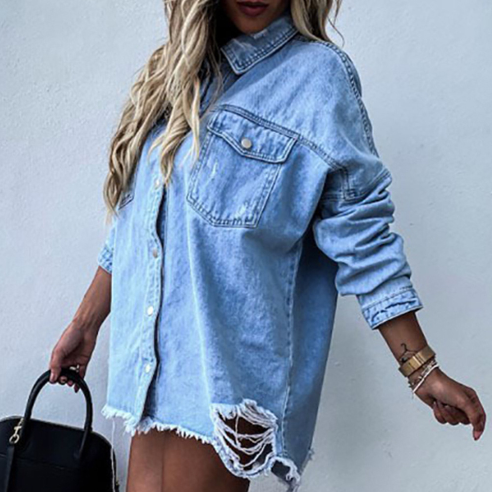 Long-Sleeved Women'S Jacket Ripped Denim Jacket Top