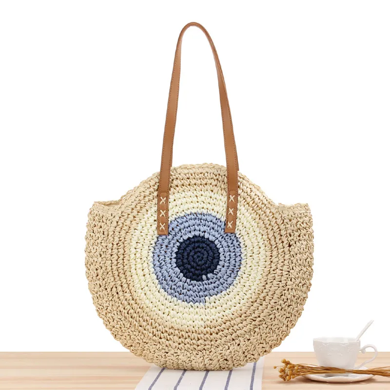 Round straw bag shoulder - Beige