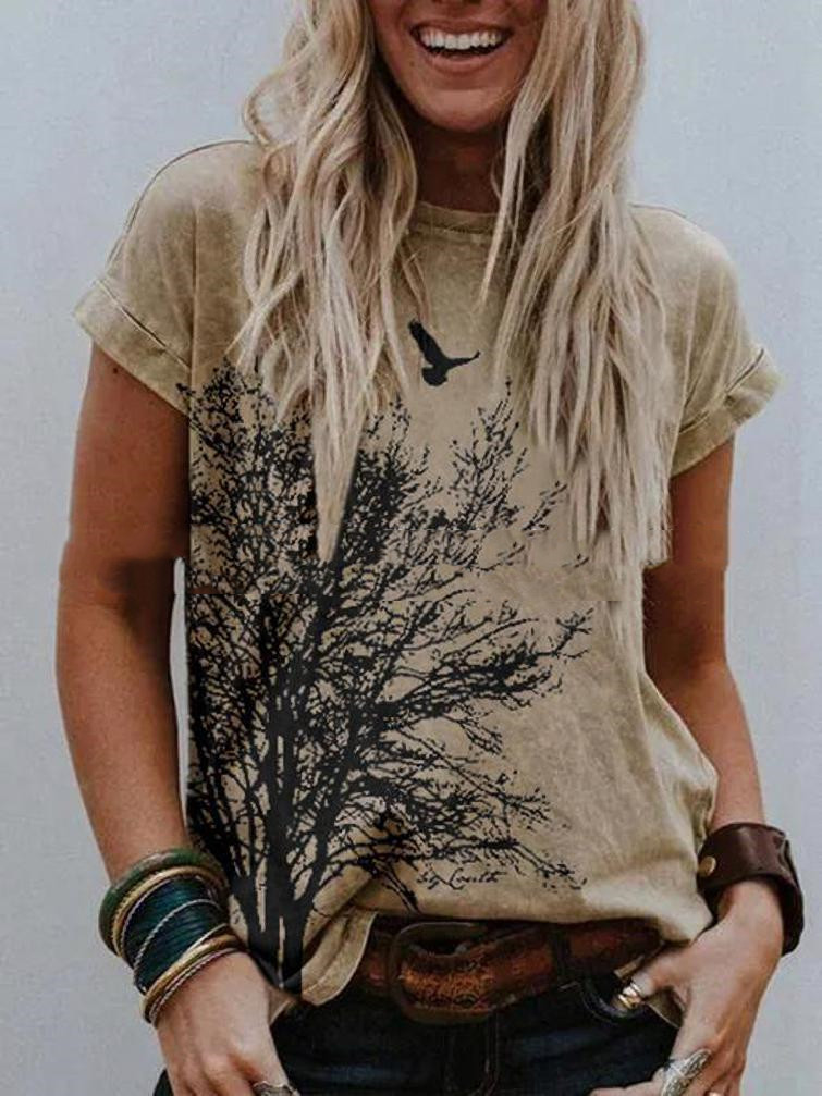 Landscape Print Round Neck Short Sleeve Ladies Casual T Shirt