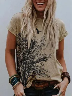 Landscape Print Round Neck Short Sleeve Ladies Casual T Shirt - View 1