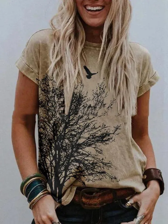 Landscape Print Round Neck Short Sleeve Ladies Casual T Shirt - Shop at LoveMi