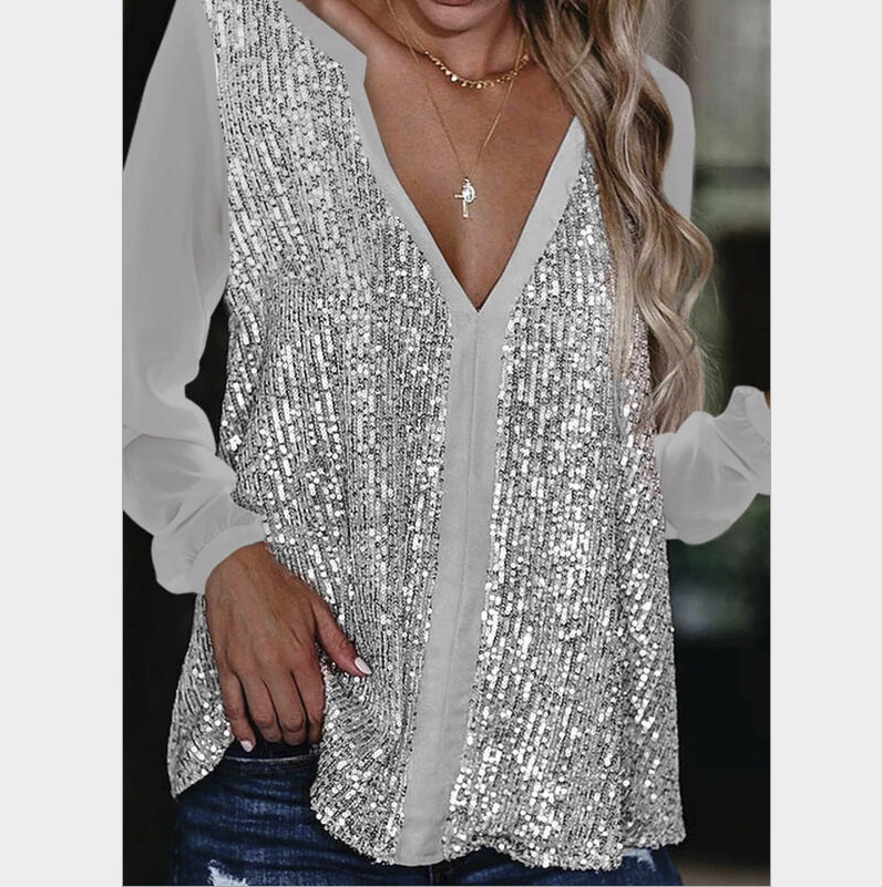 Women's Casual Sequined V Neck Long Sleeved Loose Pullover Solid Color Shirt