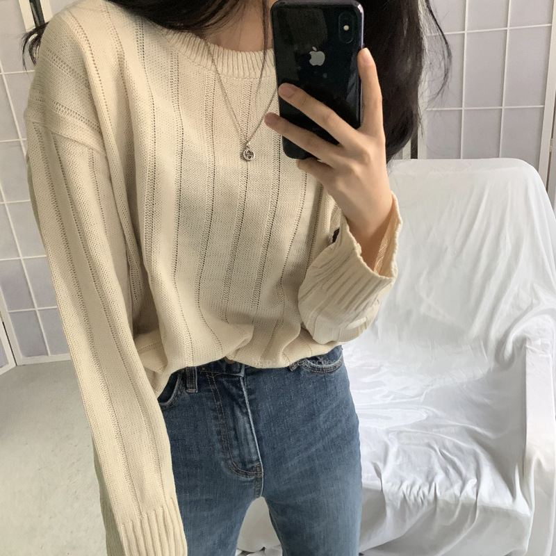 Women's New Pit Stripe Round Neck Solid Color Long Sleeved Sweater Top