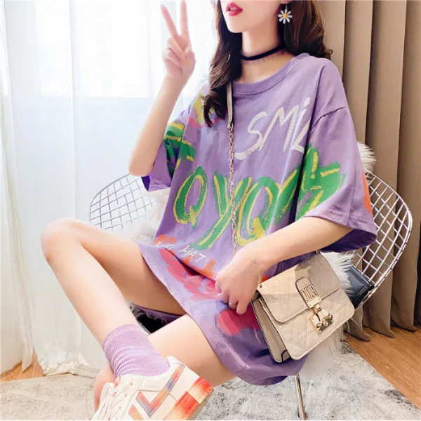 Net Celebrity Graffiti T Shirt Women'S Short Sleeved Purple - Shop at LoveMi