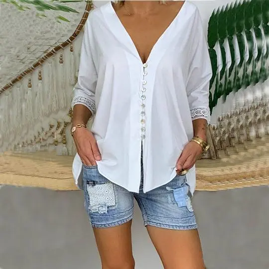 Ladies Lace Shirt V neck Button Top White - Shop at LoveMi