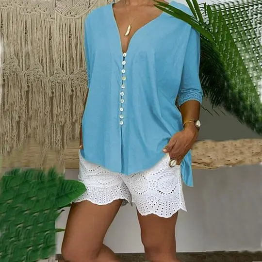 Ladies Lace Shirt V neck Button Top Light Blue - Shop at LoveMi