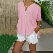 Ladies Lace Shirt V neck Button Top Pink - Shop at LoveMi