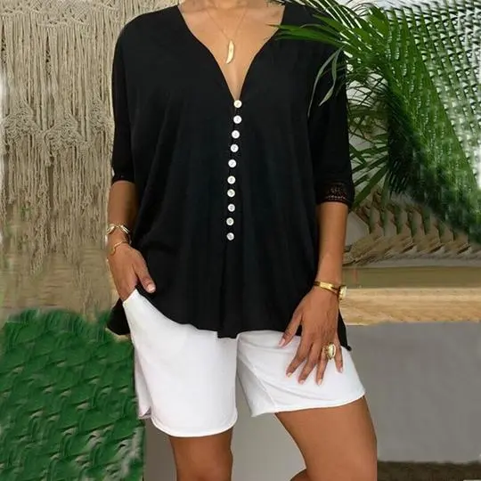 Ladies Lace Shirt V neck Button Top Black - Shop at LoveMi