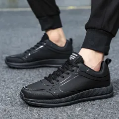 Leather Casual Men's Running Shoes - Black - View 1
