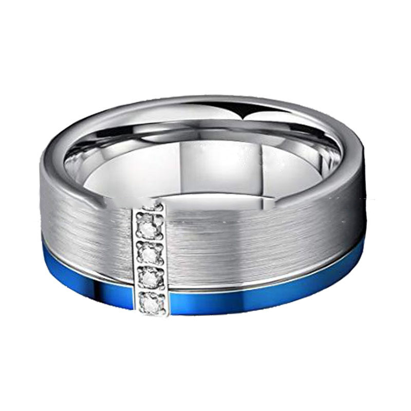 Tungsten Steel Ring Slotted Blue Zircon Men's Single Tungsten Gold Ring