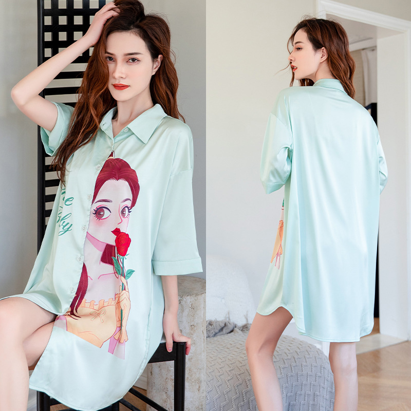 Title 9, Summer New Ice Silk Nightdress Silk Shirt Skir...