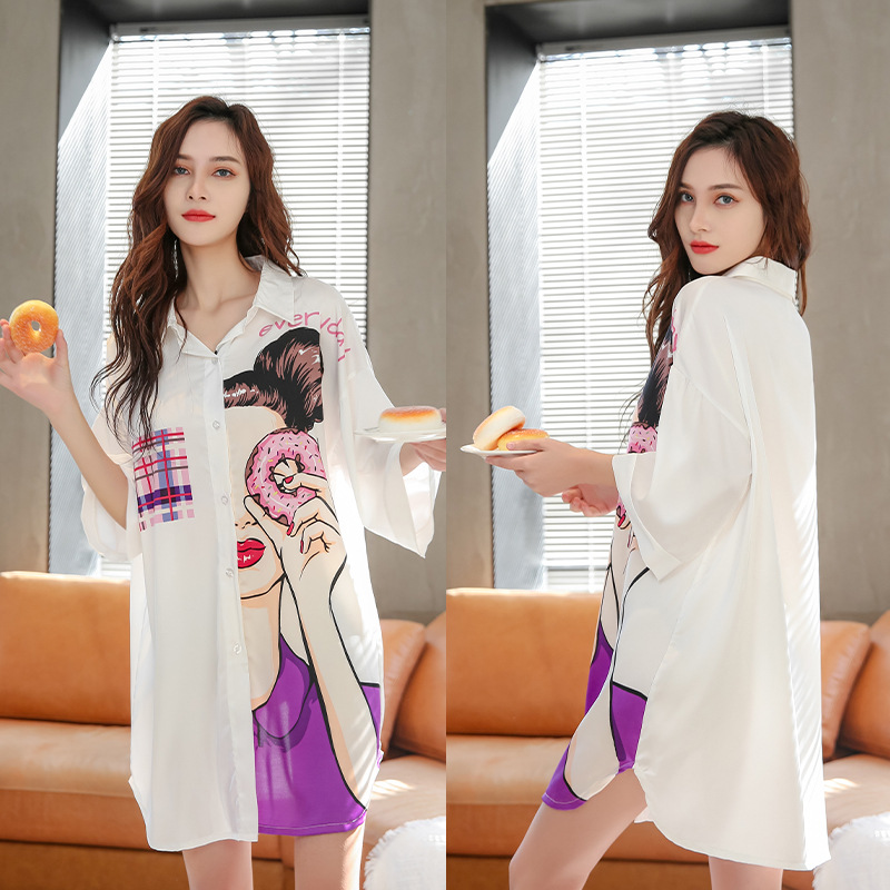 Title 17, Summer New Ice Silk Nightdress Silk Shirt Skir...