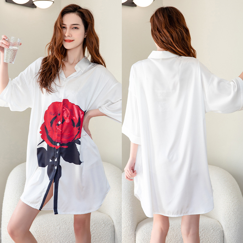 Title 23, Summer New Ice Silk Nightdress Silk Shirt Skir...