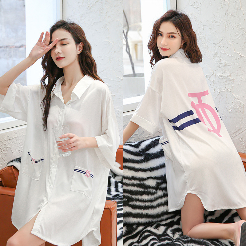 Title 30, Summer New Ice Silk Nightdress Silk Shirt Skir...