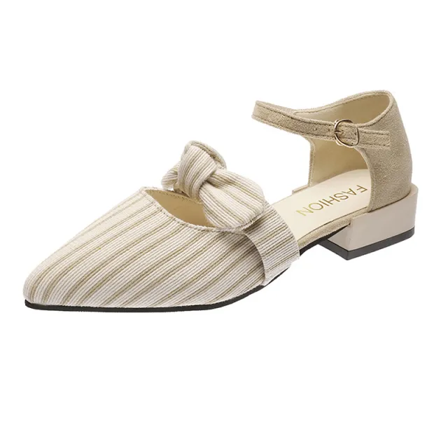 Casual Low Heeled Pointed Bow One Word Buckle Fairy Shoes Beige - Shop at LoveMi