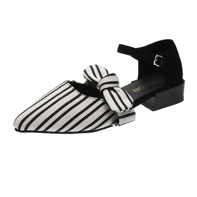 Casual Low Heeled Pointed Bow One Word Buckle Fairy Shoes Black - Shop at LoveMi