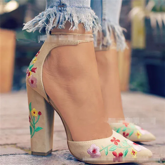 Womens Pumps Shoes Dorsay Ankle Strap Block High Heels Embroidery Flowers Nude - Shop at LoveMi