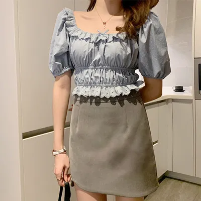 Retro White Square Collar Lace Shirt Women Blue - Shop at LoveMi