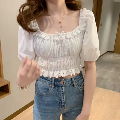 Retro White Square Collar Lace Shirt Women White - Shop at LoveMi