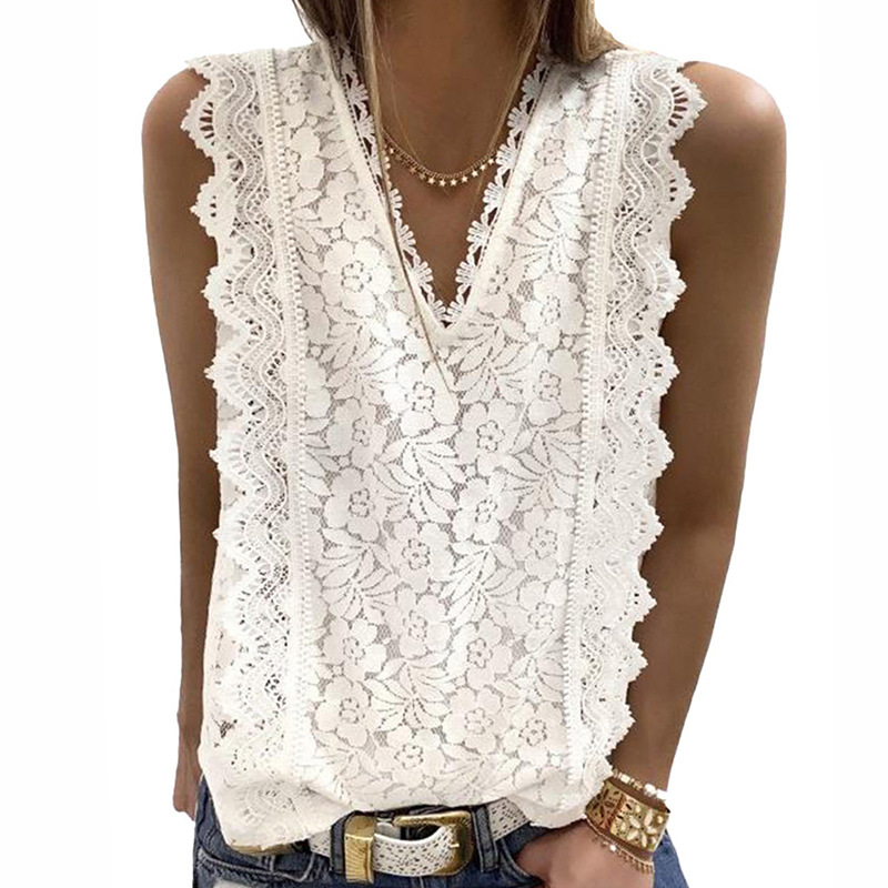Women's Summer Solid Color Lace Sleeveless Temperament V Neck Shirt