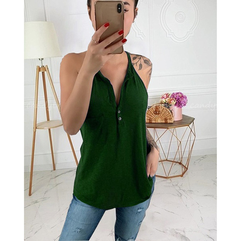 Title 6, V-neck Button Sling Solid Color Slim Sexy Camisole