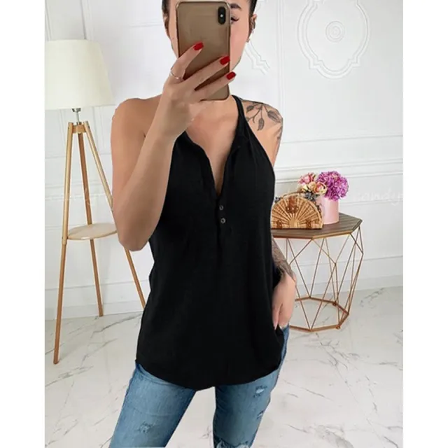 V neck Button Sling Solid Color Slim Sexy Camisole Black - Shop at LoveMi