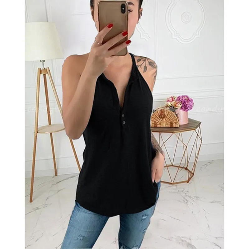 V-neck Button Sling Solid Colour Slim Sexy Camisole - Black