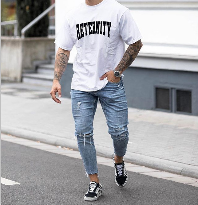 Slim White Jeans With Holes And Cats Must Be Washed