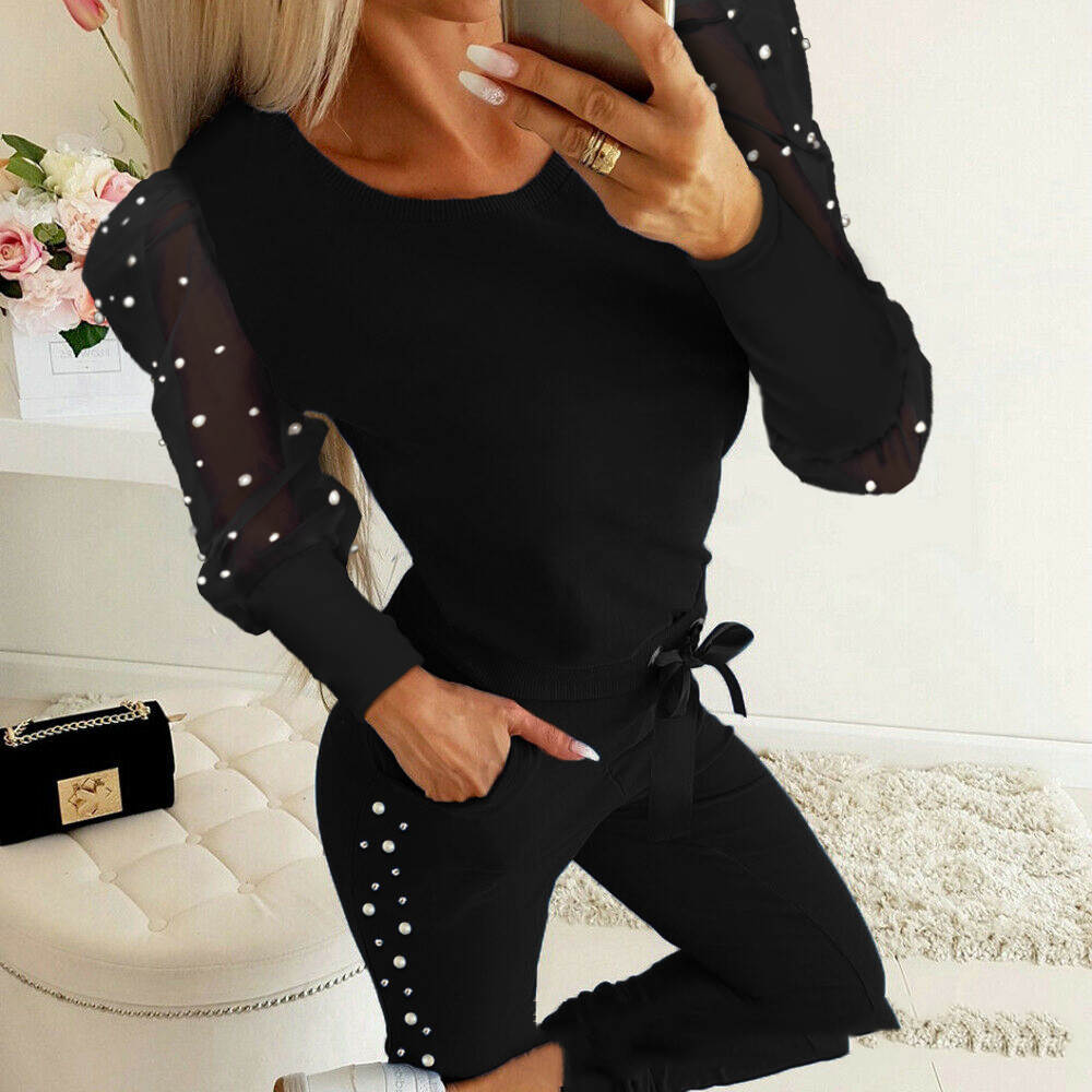 Ladies' Mesh Stitching Pearl Suit