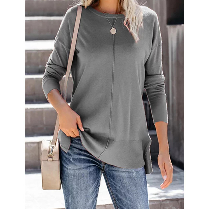 Solid Color Loose Long Sleeve Women's T-shirt Knit Top