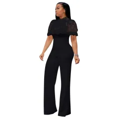 Lace Sexy High Waist Solid Color Jumpsuit - Black - View 1