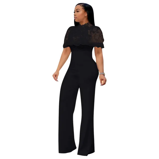Lace Sexy High Waist Solid Color Jumpsuit Black - Shop at LoveMi